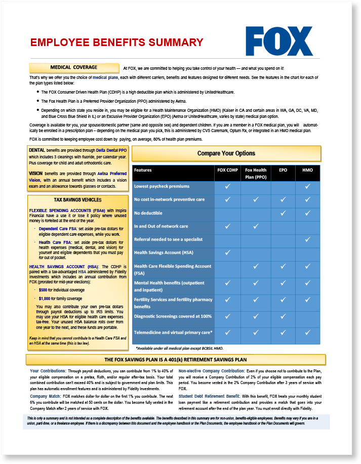 PDF of the Employee Benefits Summary for Fox comparing options